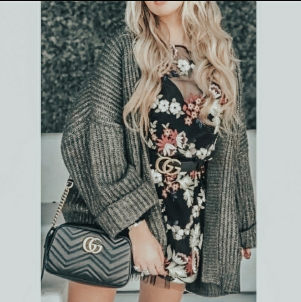 Floral Black Dress with Gray Cardigan